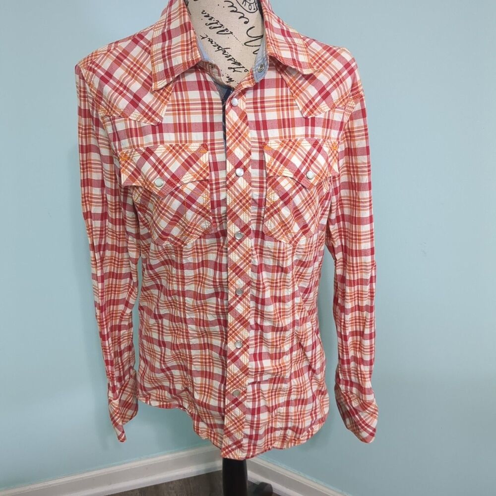 True Religion Red Plaid Western Pearl Snap Cowboy Long Sleeve Shirt men small